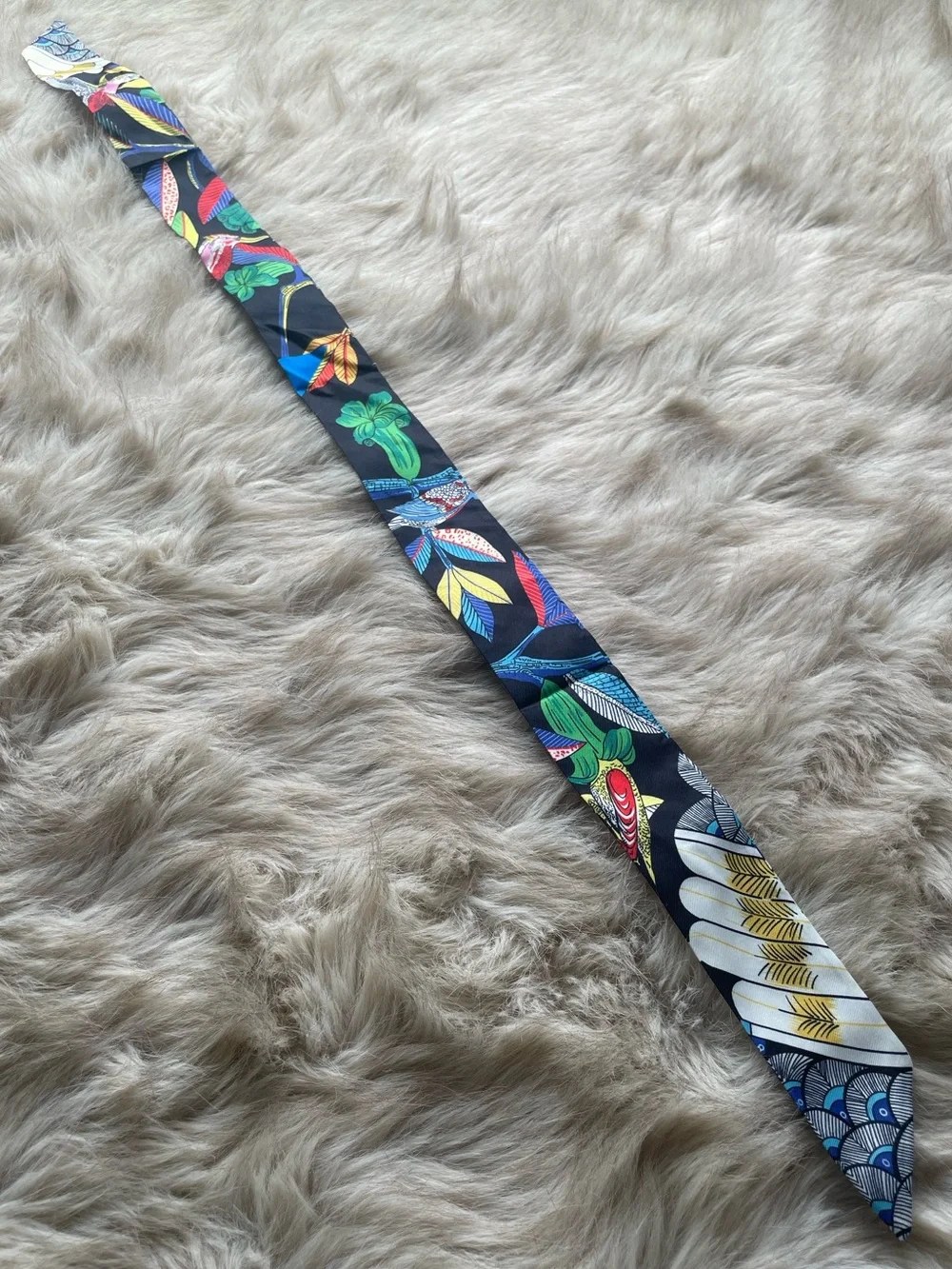 Poly Skinny Bandana Scarf with Multicolor Tropical Print